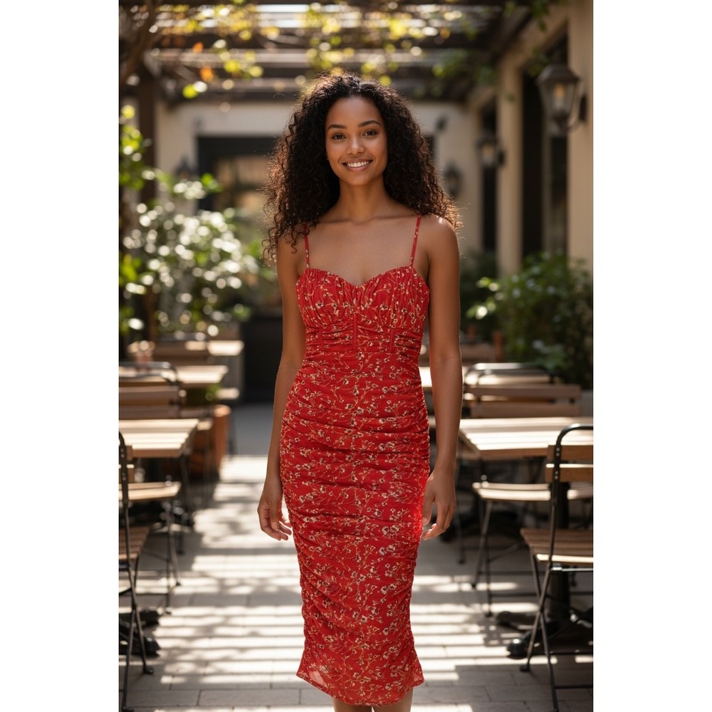 Hello Molly Ruched Midi Dress Womens Size 4 Red NEW Floral Corset Bodycon